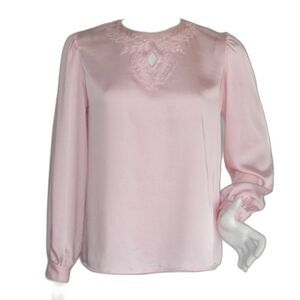 Vintage Pink Satin Blouse, M, Beaded, Long sleeves, Back Buttons, Pastel